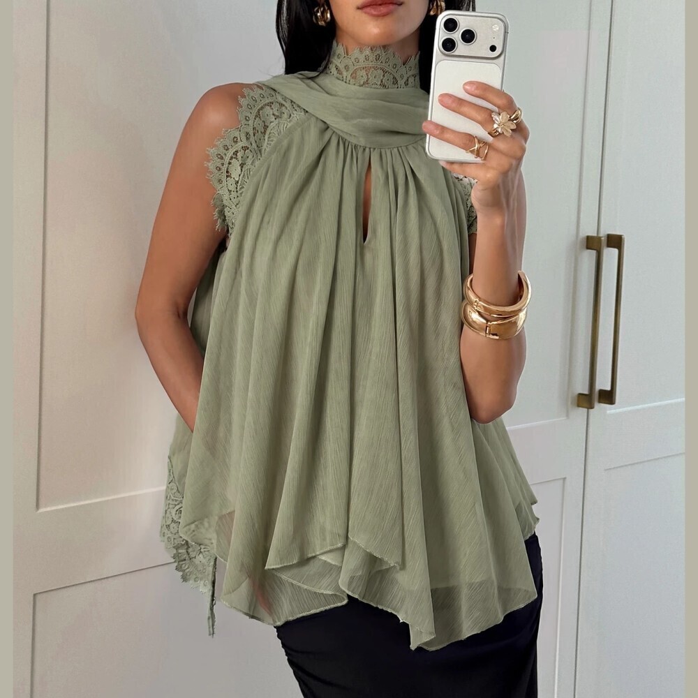 Mute Sage Green Chiffon Lace High Neck Keyhole Swing Tunic Top